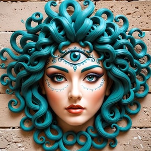May include: A teal-colored sculpture of a woman's face with intricate details. The face features large blue eyes, a third eye on the forehead, and teal curly hair. The sculpture is mounted on a textured brick wall.