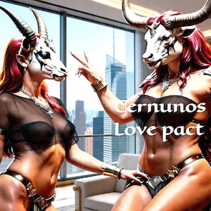 May include: Two figures wearing animal masks with horns and red hair, in black lingerie and gold accessories. The image includes the text "Cernunos Love pact". A cityscape is visible in the background.