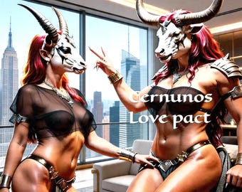May include: Two figures wearing animal masks with horns and red hair, adorned in black lingerie and gold accessories. The text "Cernunos Love pact" is visible. The background features a cityscape.