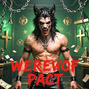 Könnte beinhalten: Digitales Bild eines Werwolfs mit roten Augen, gebleckten Zähnen und schwarzem Fell. Der Text "WEREWOLF PACT" ist rot überlagert. Der Hintergrund ist ein grüner Raum mit goldenen Kreuzen und Ketten.