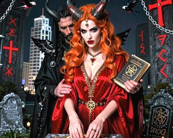 Puede incluir: Una mujer con cabello rojo fuego y cuernos, vestida con un vestido de satén rojo, está con un hombre con túnicas negras. Sostiene un libro con un pentagrama, y hay monedas de oro en la mesa. La escena tiene un tema gótico y de fantasía.