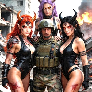 Op de afbeelding: De afbeelding toont de tekst "//ELITE LHP DEMONIC PROTECTION//" boven een soldaat in camouflage, omringd door drie vrouwen met hoorns en donkere kleding. De achtergrond toont een door oorlog verwoeste omgeving met vlammen.