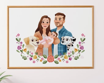 digital printable file Custom cartoon family portrait gift for him gift for her Mother’s Day valentines couple illustration