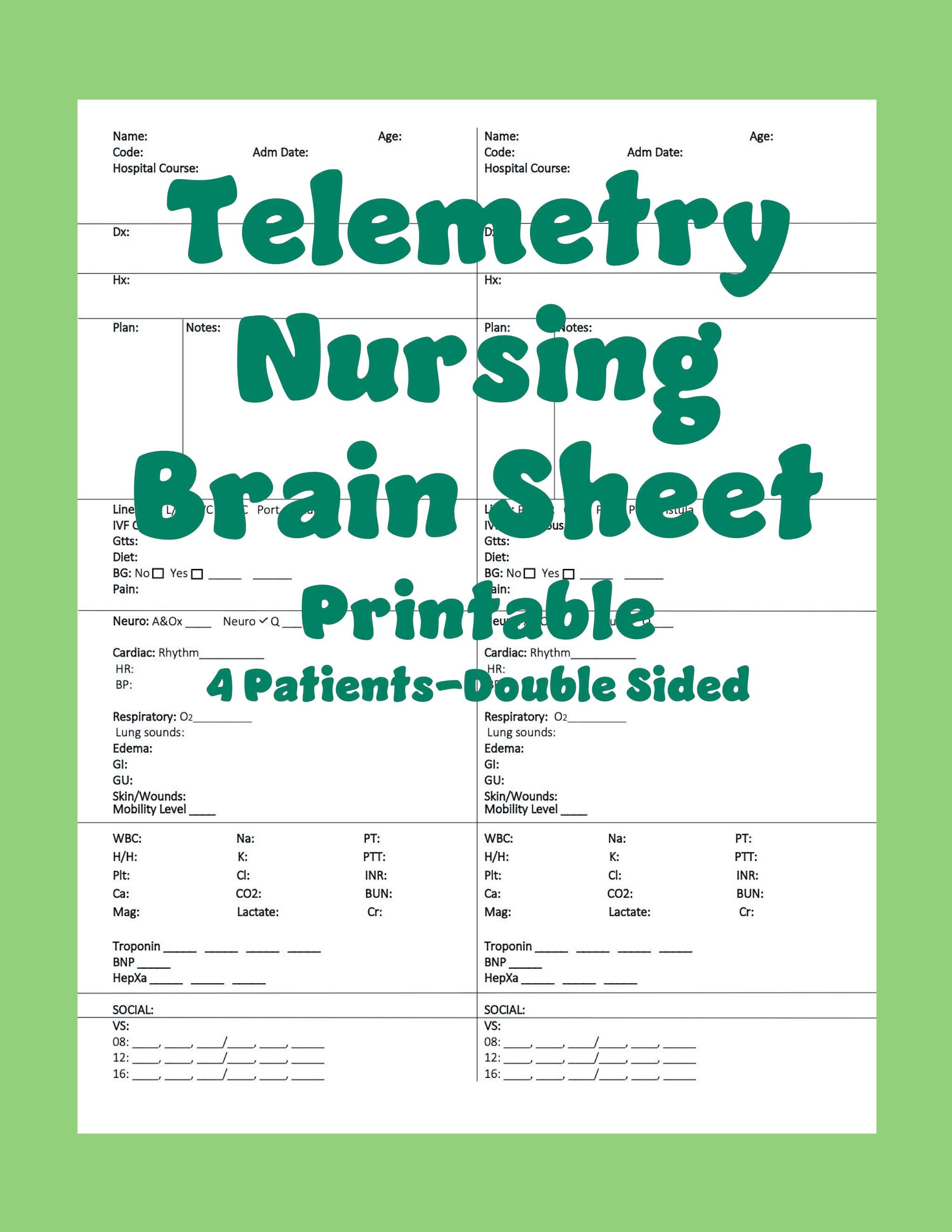 Telemetry Nursing Brain/report Sheet - Printable PDF - Etsy