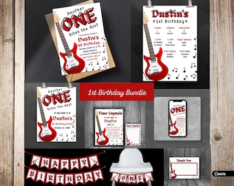 Rock n Roll 1st Birthday Bundle | Editable Guitar Invitation