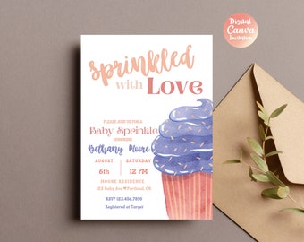 Cupcake Baby Sprinkle Invitation | Sprinkled with Love Baby Shower | Dessert Baby Shower Invite | Neutral Template | Editable Canva