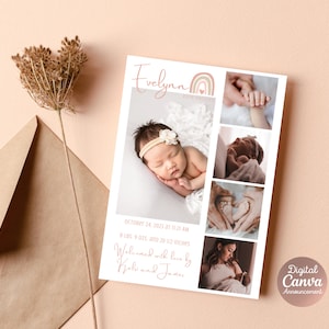 Carte d’annonce de naissance de bébé fille| Annonce de naissance imprimable| Annonce de naissance numérique| Carte arc-en-ciel| Carte nouveau-né| Carte photo personnalisée