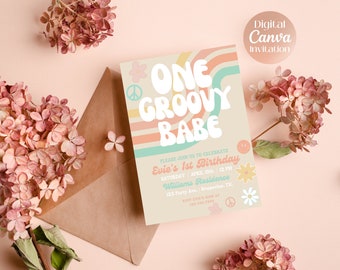 One Groovy Babe 1st Birthday Invitation | Groovy ONE Party Girl | Retro Hippie Birthday Invite | Editable Canva Template