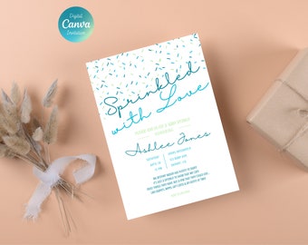 Invitación para baby shower / Baby Shower "Sprinkle with Love" / Plantilla editable de Canva / Invitación para baby shower / Baby Shower para niño