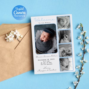 Carte d’annonce de naissance| Annonce de naissance de bébé garçon| Carte d’annonce de naissance garçon| Modèle d’annonce de naissance| Carte photo personnalisée| Statistiques de naissance
