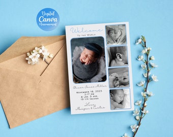 May include: A blue and white baby announcement card with a collage of photos of a newborn baby. The card includes the baby's name, birth date, time, weight, and length. The text "Welcome to the world" is at the top of the card.