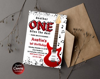 Another ONE Bites the Dust Birthday Invitation | Rock n Roll 1st Birthday Boy | Guitar First Birthday Invite | Editable Canva Template