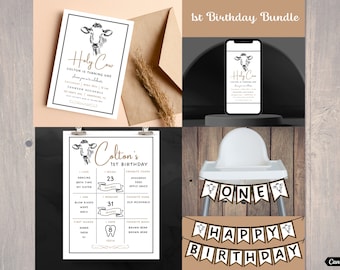 Kuh 1st Birthday Party Bundle | Bearbeitbare Einladung, Poster (druckbar)