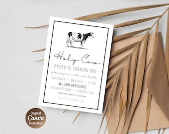Holy Cow 1st Birthday Invitation | Cow Theme Birthday Invite | Farm First Birthday Party | Editable Canva Template