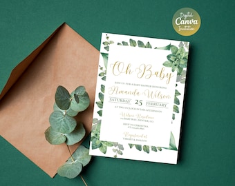 Succulent Baby Shower Invitation | Greenery Baby Shower Invite | Oh Baby Shower Invitation | Editable Canva Template