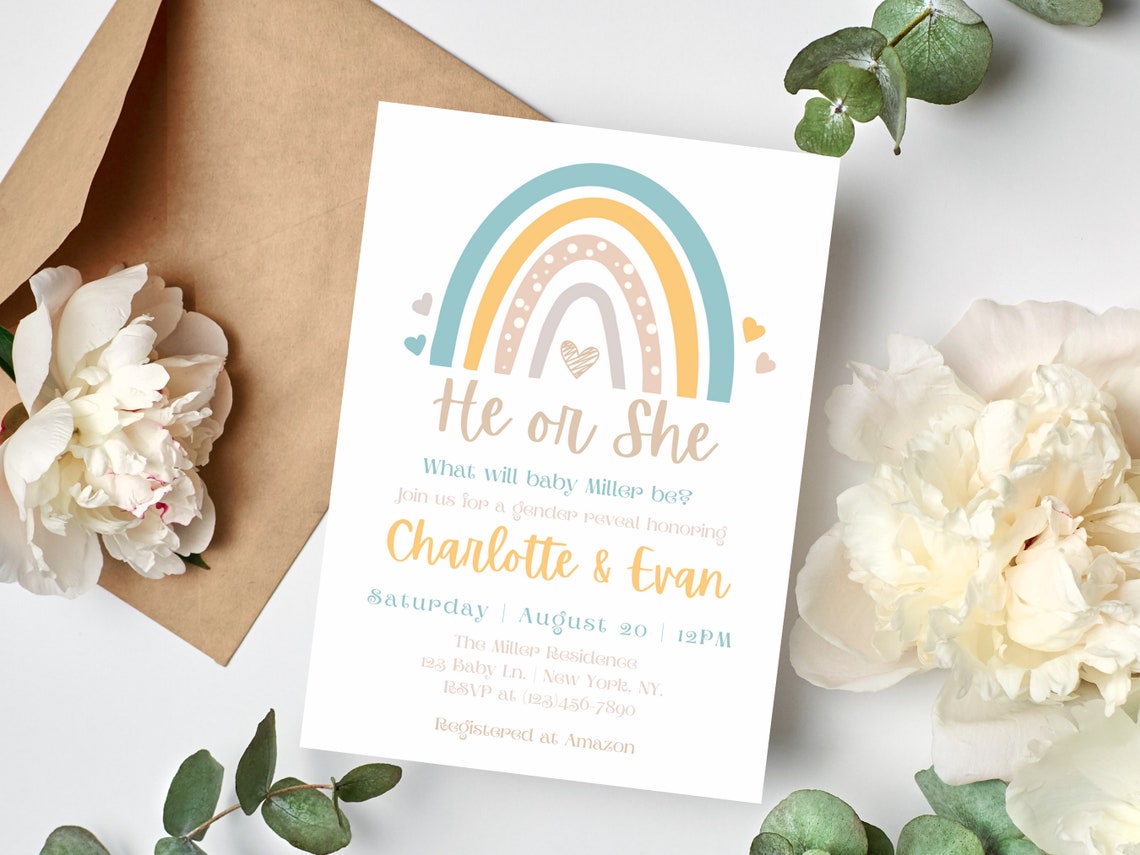 Rainbow Gender Reveal Invitation Gender Reveal Digital Etsy