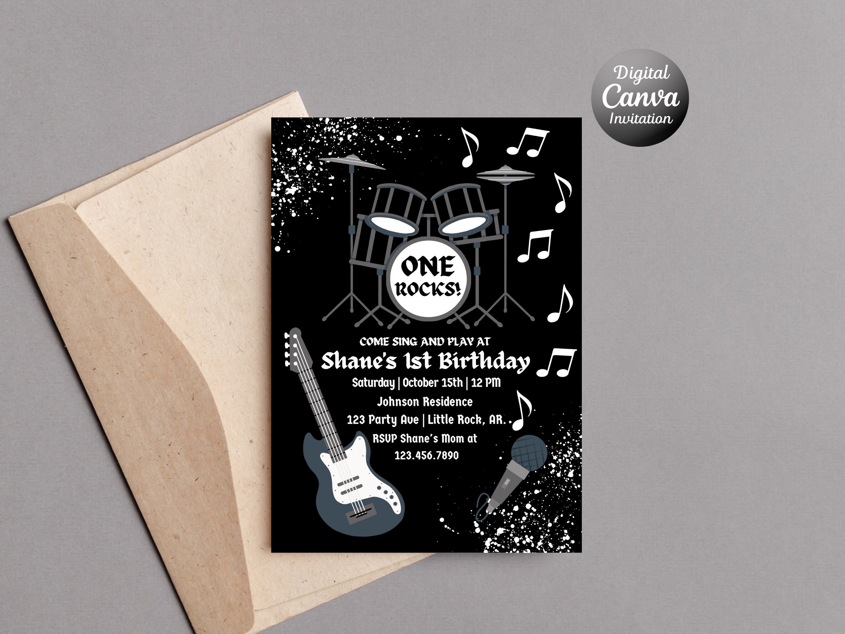 One Rocks First Birthday ONE Rocks 1st Birthday Invitation | Rock Star Birthday Invite | Music ...