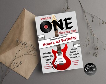 Another ONE Bites the Dust 1st Birthday Invitation | Rock Star Birthday Invite | Guitar First Birthday Boy | Editable Canva Template