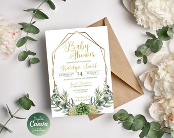 Succulent Baby Shower Invitation | Greenery Baby Shower Invite | Neutral Baby Shower | Editable Canva Template