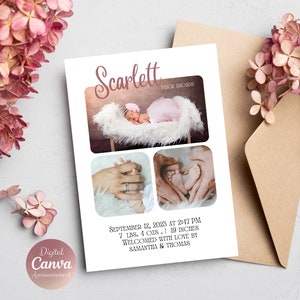 Carte d’annonce de naissance de bébé fille| Carte d’annonce de naissance| Modèle d’annonce de naissance| Carte photo personnalisée| Statistiques de naissance| Carte de nouveau-né