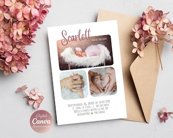 Baby Girl Birth Announcement | Photo Birth Announcement | Birth Announcement Template | Newborn Announcement | Birth Stats Card