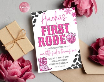 Girl First Rodeo 1st Birthday Invitation | Pink Disco Cowgirl Party | Editable Canva Template