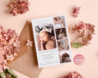 Baby Girl Birth Announcement | Photo Collage Birth Announcement | Birth Announcement Template | Newborn Photo Card | Birth Stats Card