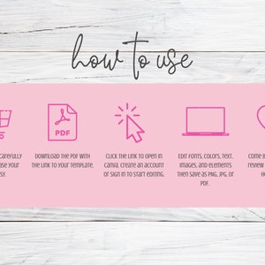K&ouml;nnte beinhalten: Eine rosa und wei&szlig;e Grafik mit f&uuml;nf Symbolen und Text, der erkl&auml;rt, wie man eine digitale Vorlage verwendet. Die Symbole umfassen einen Einkaufswagen, eine PDF-Datei, einen Cursor, der auf einen Computerbildschirm klickt, einen Laptop und ein Herz. Der Text lautet "how to use", "Lesen Sie die Auflistung sorgf&auml;ltig durch und kaufen Sie dann Ihren Artikel auf Etsy", "Laden Sie das PDF mit dem Link zu Ihrer Vorlage herunter", "Klicken Sie auf den Link, um in Canva zu &ouml;ffnen, erstellen Sie ein Konto oder melden Sie sich an, um mit der Bearbeitung zu beginnen", "Bearbeiten Sie Schriftarten, Farben, Text, Bilder und Elemente und speichern Sie sie dann als PNG, JPG oder PDF", und "Kommen Sie zur&uuml;ck und hinterlassen Sie eine Bewertung, damit wir wissen, wie wir abgeschnitten haben!"