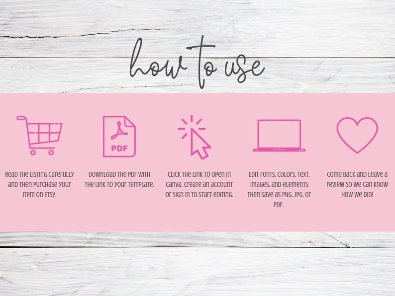 K&ouml;nnte beinhalten: Eine rosa und wei&szlig;e Grafik mit f&uuml;nf Symbolen und Text, der erkl&auml;rt, wie man eine digitale Vorlage verwendet. Die Symbole umfassen einen Einkaufswagen, eine PDF-Datei, einen Cursor, der auf einen Computerbildschirm klickt, einen Laptop und ein Herz. Der Text lautet "how to use", "Lesen Sie die Auflistung sorgf&auml;ltig durch und kaufen Sie dann Ihren Artikel auf Etsy", "Laden Sie das PDF mit dem Link zu Ihrer Vorlage herunter", "Klicken Sie auf den Link, um in Canva zu &ouml;ffnen, erstellen Sie ein Konto oder melden Sie sich an, um mit der Bearbeitung zu beginnen", "Bearbeiten Sie Schriftarten, Farben, Text, Bilder und Elemente und speichern Sie sie dann als PNG, JPG oder PDF", und "Kommen Sie zur&uuml;ck und hinterlassen Sie eine Bewertung, damit wir wissen, wie wir abgeschnitten haben!"
