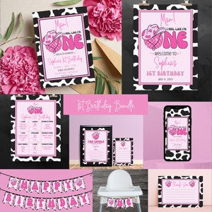 Man I Feel Like I&#39;m ONE Birthday Bundle|Man I Feel Like I&#39;m ONE 1st Birthday|Editable Invitation Bundle|Disco Cowgirl Themed Birthday Party