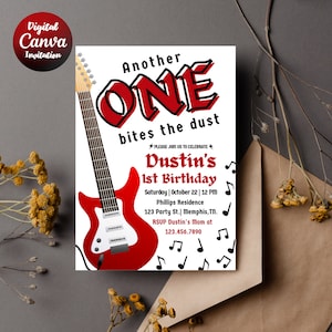 May include: A red and white guitar-themed first birthday party invitation with the text "Another One Bites the Dust" and details for Dustin's 1st birthday party.