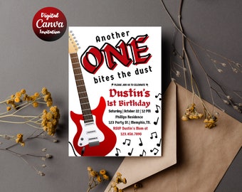 Another ONE Bites the Dust Birthday Invitation | Rock n Roll 1st Birthday Boy | Guitar Birthday Invite | Editable Canva Template
