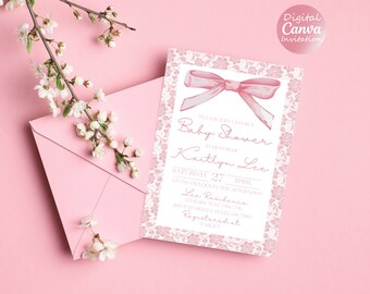 Coquette Baby Shower Invitation | Pink Bow Baby Shower Invite | Girl Baby Shower | Editable Canva Invite | Preppy Baby Shower