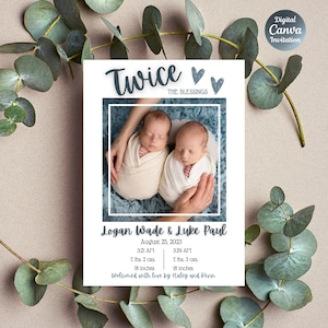 Carte d’annonce de naissance de jumeaux| Annonce de naissance imprimable| Annonce de naissance numérique| Nouvelle carte de bébé| Carte nouveau-né| Carte photo personnalisée