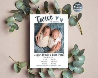 Twins Birth Announcement Card | Custom Photo (Digital Canva Template)