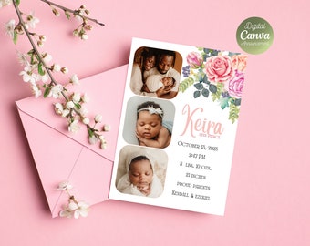 Könnte beinhalten: Eine rosa-weiße florale Geburtsanzeige mit einer Fotocollage eines neugeborenen Mädchens. Die Karte enthält den Namen des Babys, Keira Lynn Pierce, das Geburtsdatum, die Uhrzeit, das Gewicht (8 lbs 10 oz) und die Länge (21 Zoll). Die Karte enthält auch die Namen der stolzen Eltern, Kendall & Ezekiel.