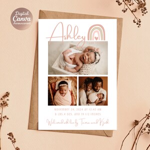 Carte d’annonce de naissance de bébé fille| Annonce de naissance imprimable| Annonce de naissance numérique| Carte arc-en-ciel| Carte nouveau-né| Carte photo personnalisée