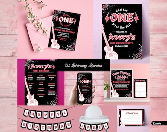Rock n Roll 1st Birthday Bundle | Guitar Invitation (Editable in Canva)