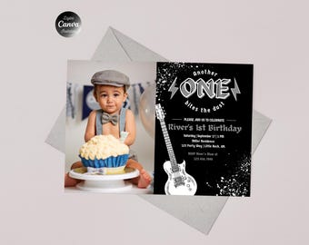 Rock N Roll 1st Birthday Invitation | Guitar Birthday Invite | One Rocks First Birthday | Editable Canva Invitation