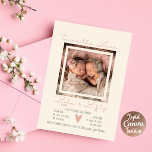 Carte d’annonce de naissance de jumeaux| Annonce de naissance imprimable| Annonce de naissance numérique| Nouvelle carte de bébé| Carte nouveau-né| Carte photo personnalisée