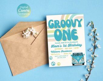 Groovy ONE 1st Birthday Einladung | Retro Hippie Geburtstagseinladung | Groovy One Boy Geburtstag | Bearbeitbare Canva Vorlage