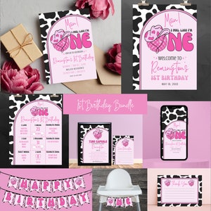 Man I Feel Like I&#39;m ONE Birthday Bundle|Man I Feel Like I&#39;m ONE 1st Birthday|Editable Invitation Bundle|Disco Cowgirl Themed Birthday Party