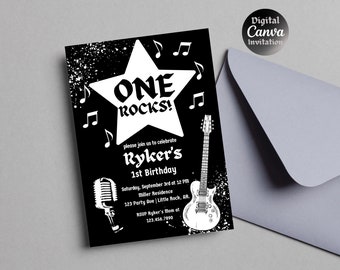 Rock N Roll 1st Birthday Invitation | One Rocks Birthday Invite | Guitar First Birthday Party | Editable Canva Invite | Instant Download