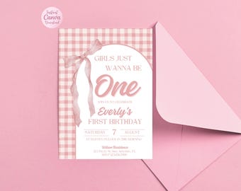 Girls Just Wanna Be One 1st Birthday Invitation | Pink Bow Coquette Birthday | Preppy Gingham Party | Editable Canva Template