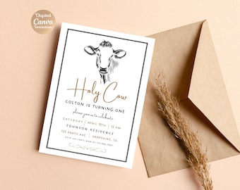 Holy Cow 1st Birthday Invitation | Farm First Birthday Invite | Cow Theme Birthday Party | Editable Canva Template