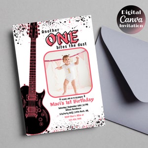 May include: A pink and black digital invitation for a first birthday party. The invitation features a black electric guitar with pink accents and the text "Another One Bites the Dust". A photo of a baby girl is in the background.