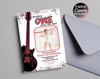 Another ONE Bites the Dust 1st Birthday Invitation | Rock n Roll Girl Birthday | Photo Guitar Invite | Editable Canva Template