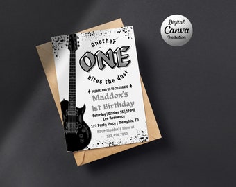Another One Bites the Dust Birthday Invitation | Rockstar 1st Birthday Invite | Guitar First Birthday Party | Editable Canva Template