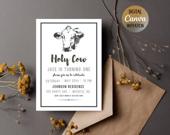 Holy Cow 1st Birthday Invitation | Farm First Birthday Invite | Editable Canva Birthday Template | Cow Theme Party