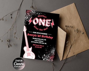 Another One Bites the Dust Girl 1st Birthday Invitation | Pink Rock n Roll Guitar Party | Editable Canva Template